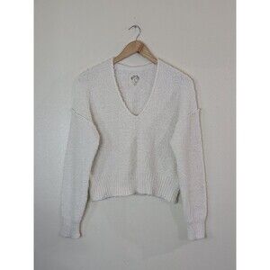 Free People Cream V Neck Long Sleeve Fuzzy Knit Pullover Sweater Size XS THEO